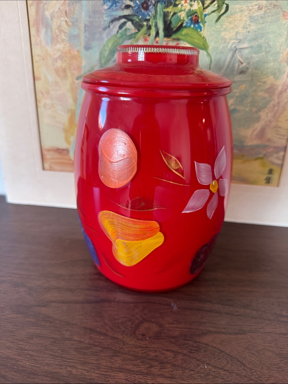 Vintage Bartlett Collins Red Glass Cookie Jar Canister Hand Painted Mid Century